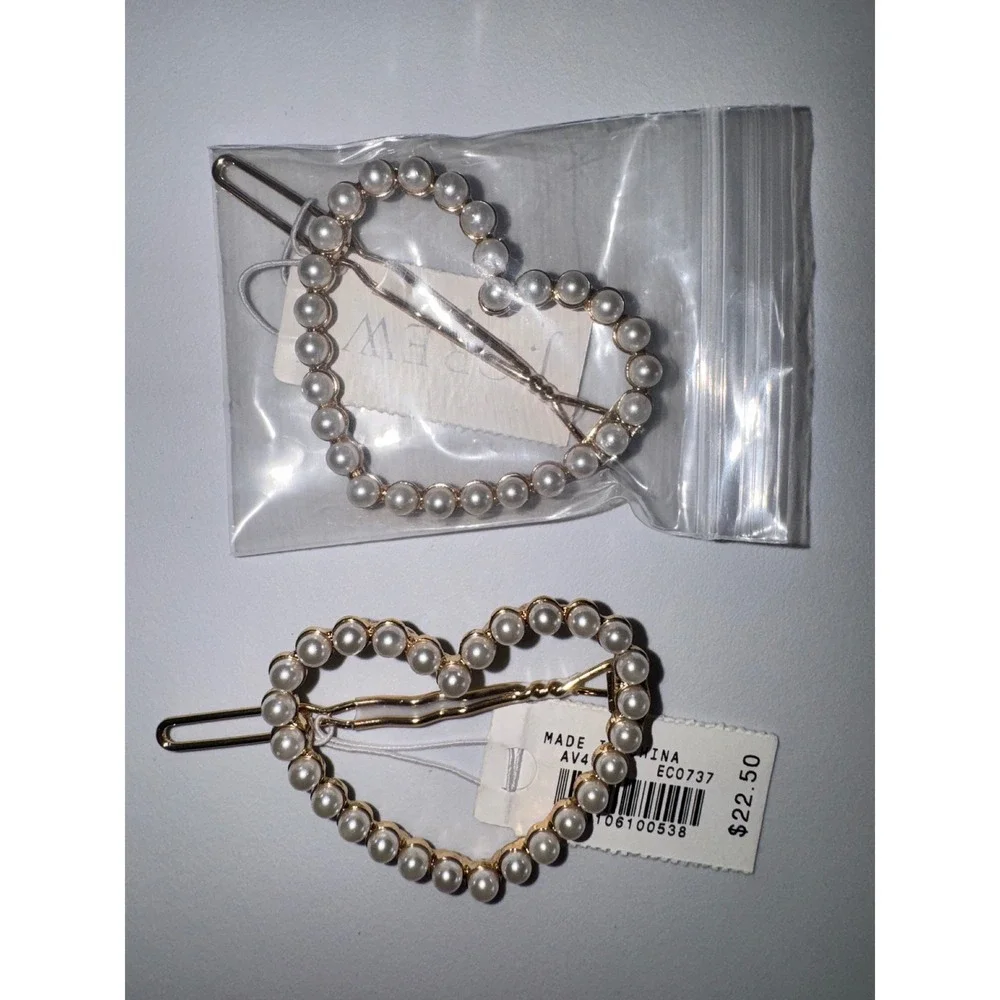 J.Crew Heart Hair Clip Set Women White Gold Faux Pearl Beaded EC0737 OS